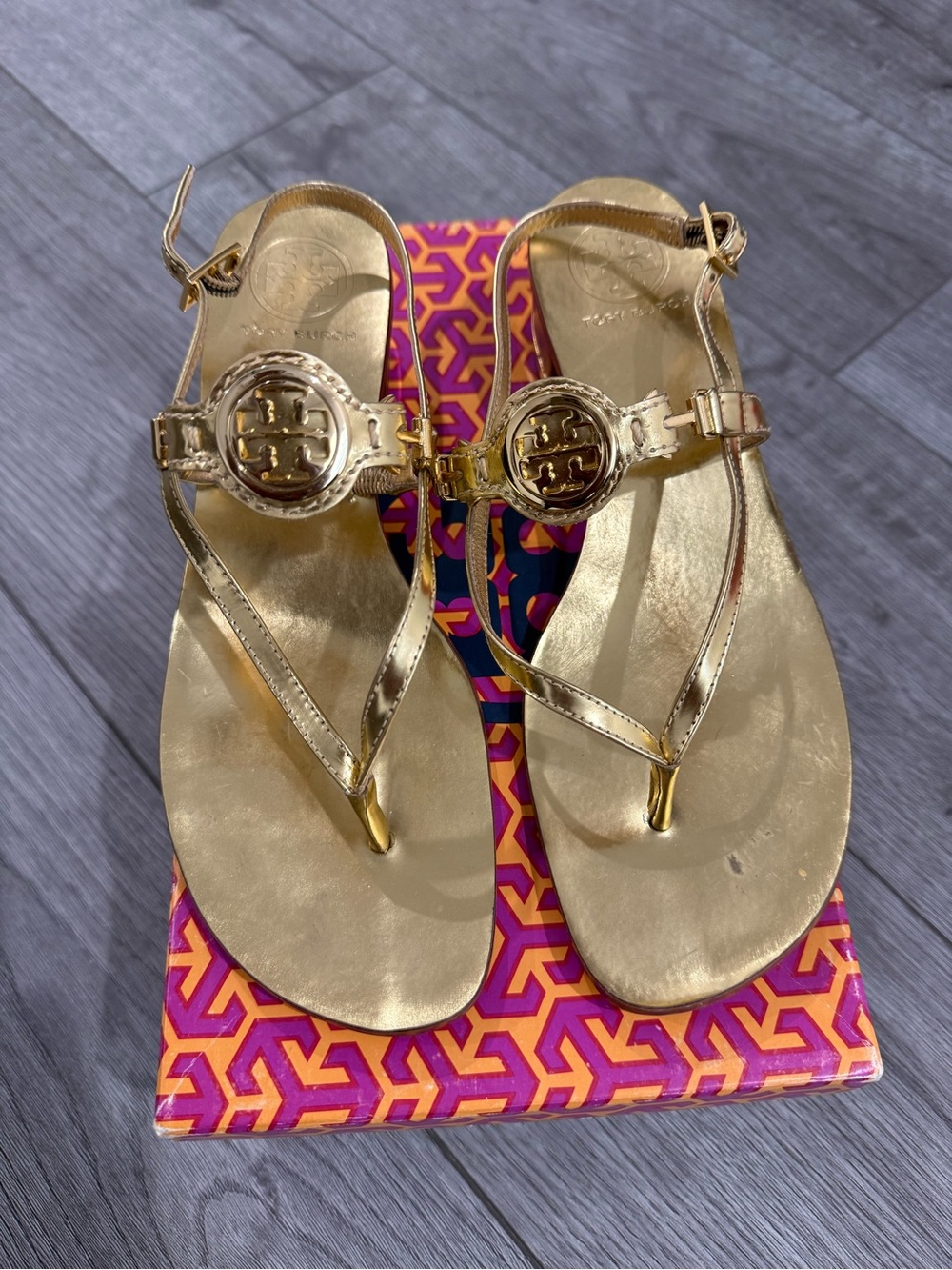 Tory Burch Addison Metallic Gold Logo Thong Sandals